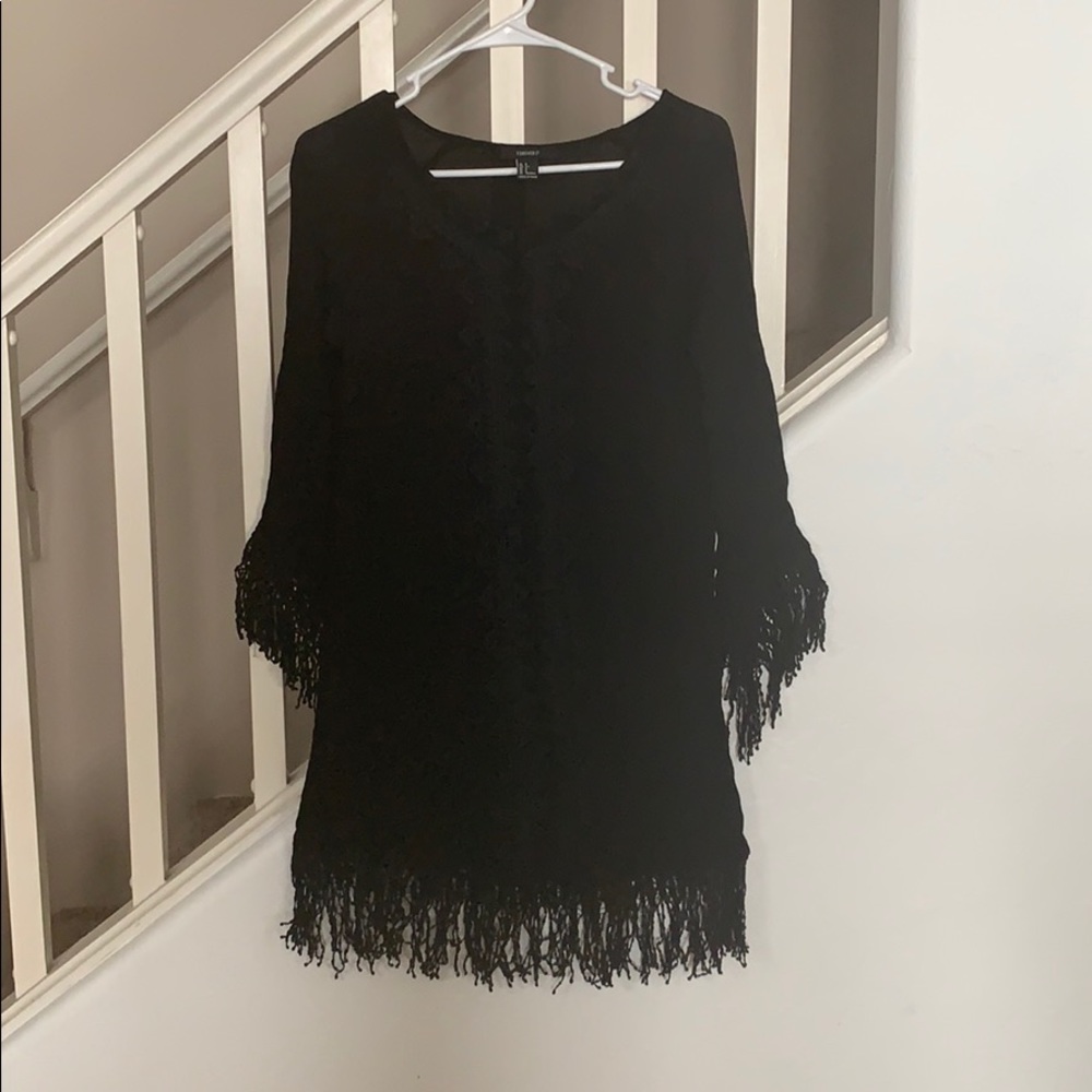 Fringed 3/4 Sleeved Black Dress